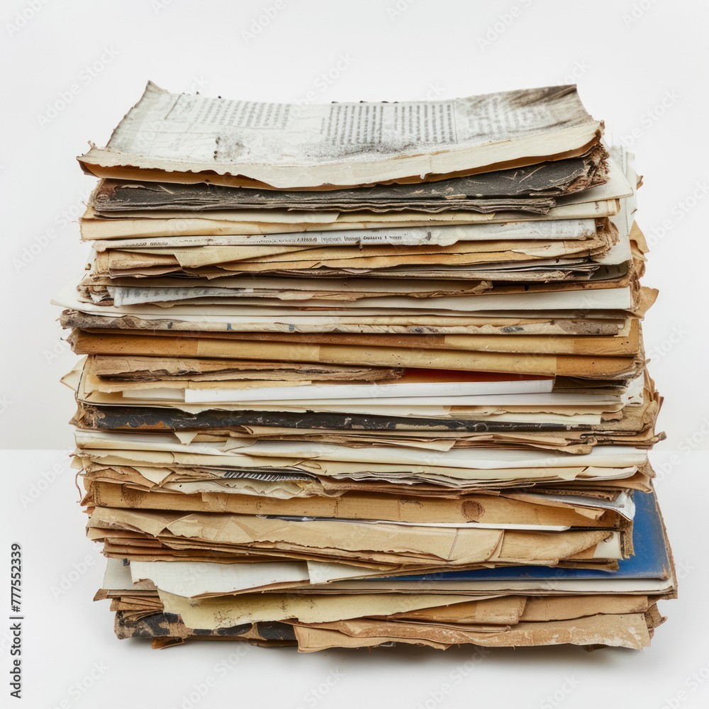 Many papers are placed on top of each other on white background Many papers are placed on top of each other on white background
