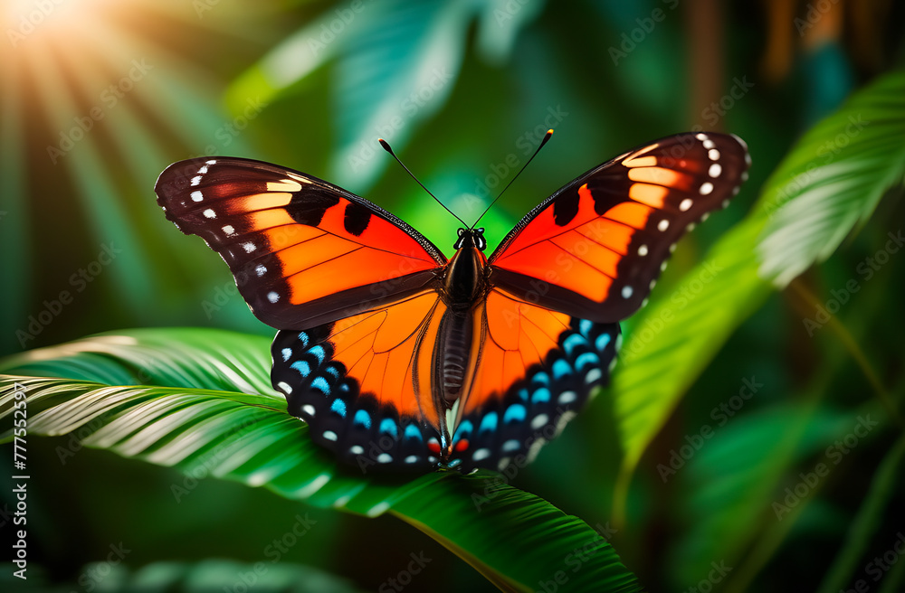Close up of a beautiful tropical butterfly on a green leaf. Close up of a beautiful tropical butterfly on a green leaf.