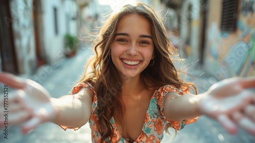 girl in a summer dress smilingly extends her hands to the camera photo