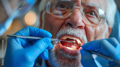 Amidst the dental apparatus, an elderly figure embodies a lifetime of resilience. Each appointment a testament to enduring health, guided by the caring hand of the dentist.
 photo