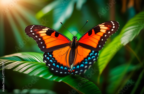 Close up of a beautiful tropical butterfly on a green leaf.