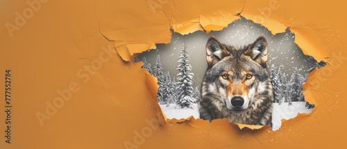 The head of a wolf pierces an orange surface with a snowy pine forest in the background