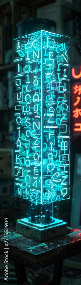 Design a futuristic Luminescent Language Lamp that combines glowing elements with alphabets in various languages The lamp should be sleek, modern, and visually striking