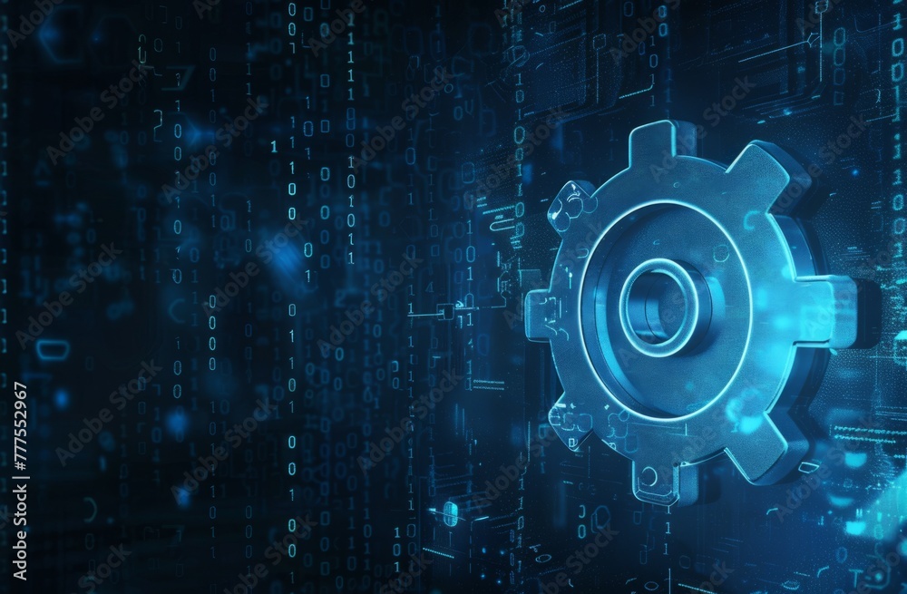 Blue gear faded outline on digital background with binary code and abstract tech elements for technology or machine concept Generative AI Blue gear faded outline on digital background with binary code and abstract tech elements for technology or machine concept Generative AI