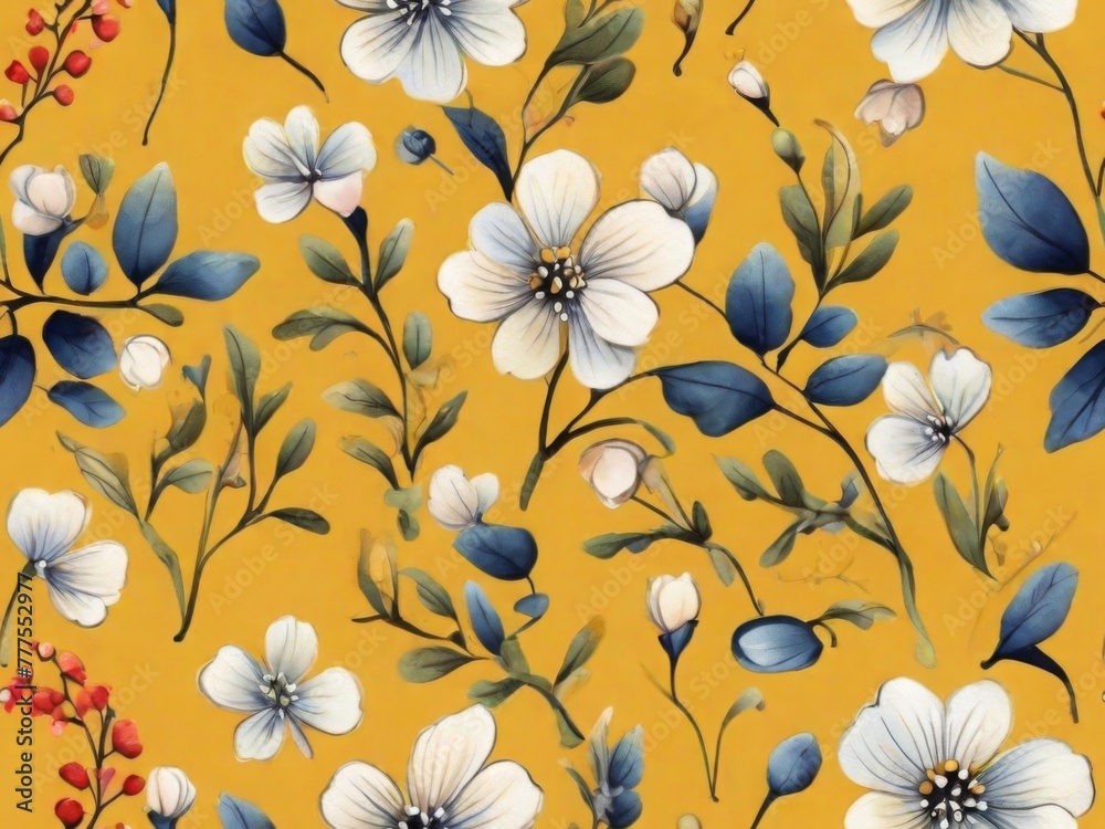 seamless pattern colorful small flowers branch leave on white background
