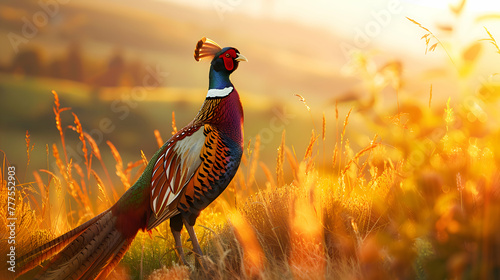 Regal pheasant standing tall in a meadow, its iridescent feathers shimmering in the golden hour light, with rolling hills in the distance
