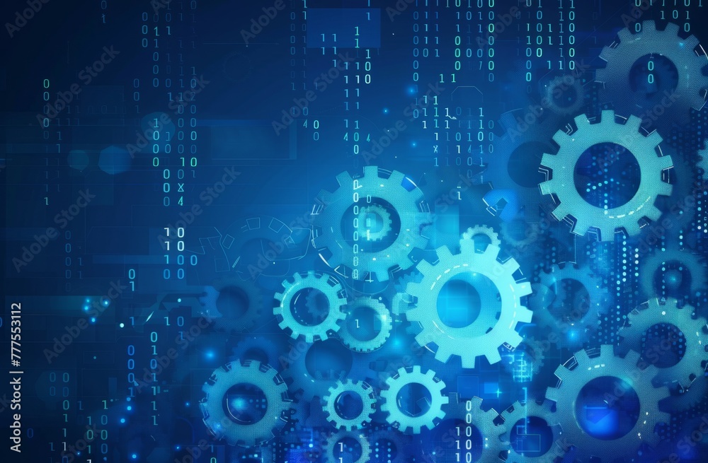 Blue background with white gears and binary code representing digital technology for industrial control system design in industry Generative AI