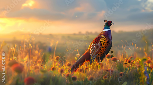 Regal pheasant standing tall in a meadow, its iridescent feathers shimmering in the golden hour light, with rolling hills in the distance