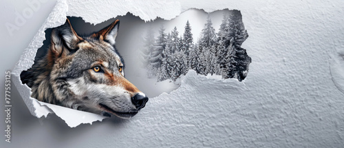 An engaging image of a wolf's face appearing through a torn paper on a grey background, showcasing a blend of wildlife and abstract art