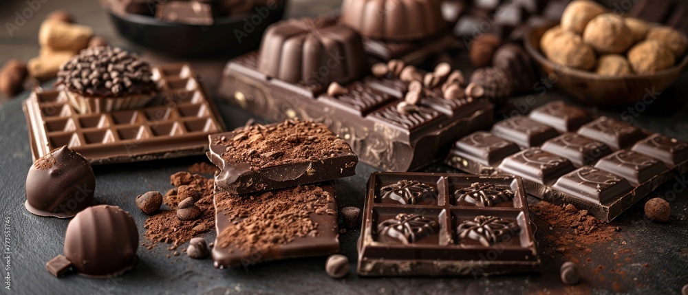 meticulous chocolate molds, decadent truffles, and heavenly chocolate bars Craft an image that showcases the craftsmanship and passion behind each delightful treat