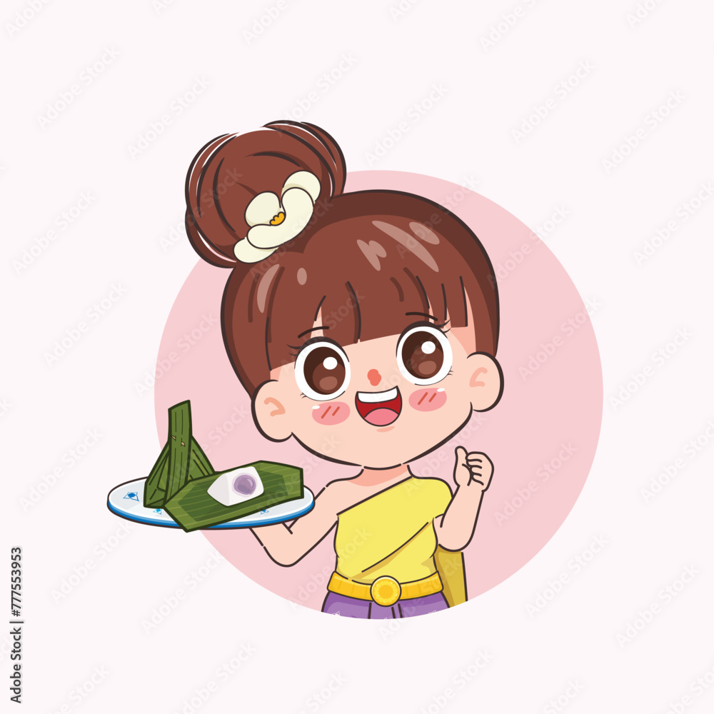 Beautiful Thai woman wearing Thai Traditional dress presenting Kanom Thai dessert with Kanom Sai sai. Chibi cartoon doodle vector design. Beautiful Thai woman wearing Thai Traditional dress presenting Kanom Thai dessert with Kanom Sai sai. Chibi cartoon doodle vector design.