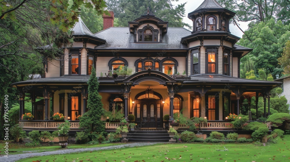 Fototapeta premium Exterior Victorian house styles feature ornate detailing, steep gabled roofs, intricate trim work, and vibrant color schemes, evoking a sense of elegance and grandeur.