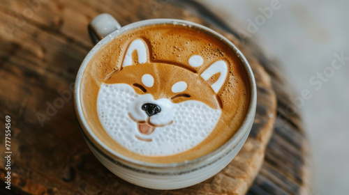 Cup of coffee with latte art depicting Shiba Inu meme dog photo