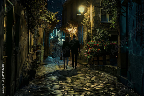 A couple walking down a cobblestone street at night