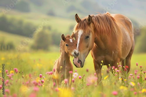 A mother horse and her baby are standing in a field of flowers
