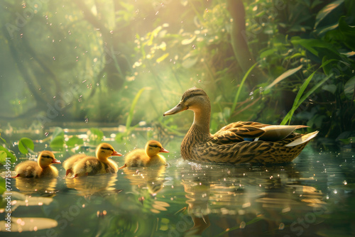 A mother duck and her three ducklings are swimming in a pond