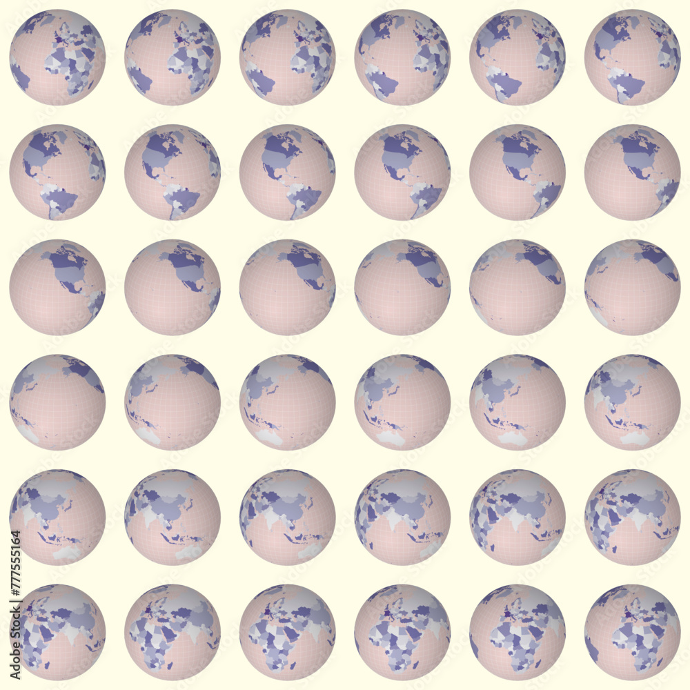 Collection of globes. Slanted sphere view. Rotation step 10 degrees. Colored countries style. World map with dense graticule lines on pale background. Nice vector illustration. Collection of globes. Slanted sphere view. Rotation step 10 degrees. Colored countries style. World map with dense graticule lines on pale background. Nice vector illustration.