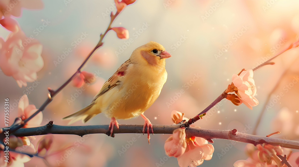 Serene canary poised on a delicate branch against a soft, pastel-hued sky, beckoning tranquility Serene canary poised on a delicate branch against a soft, pastel-hued sky, beckoning tranquility