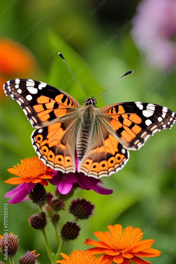 A macro photograph capturing the delicate details of a painted lady butterfly (Vanessa cardui), with its wings adorned in striking shades of orange, black, and white, image A macro photograph capturing the delicate details of a painted lady butterfly (Vanessa cardui), with its wings adorned in striking shades of orange, black, and white, image