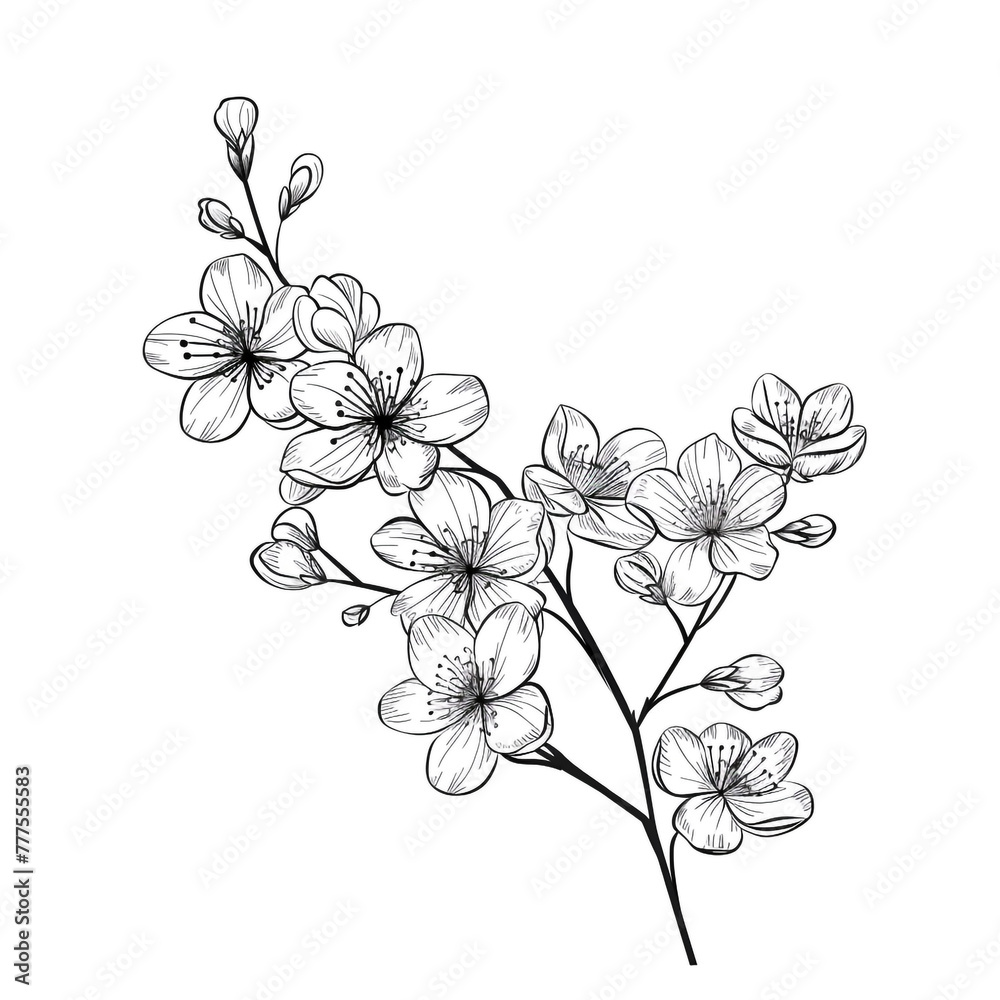 A hand drawing of a branch of sakura tree with a few flowers on it. Flower blossom