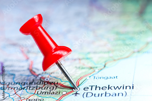 Durban, South Africa pin on map. eThekwini