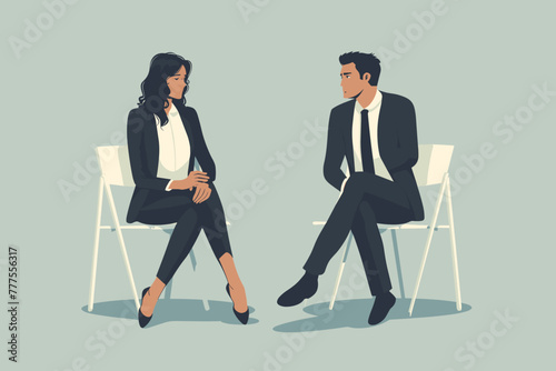 Businessman and businesswoman sitting awkwardly apart after office romance gone wrong, dealing with breakup and failed relationship
