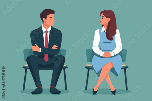 Businessman and businesswoman sitting awkwardly apart after office romance gone wrong, dealing with breakup and failed relationship