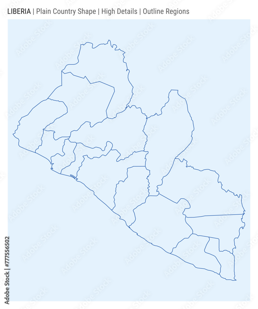 Fototapeta premium Liberia plain country map. High details. Outline Regions style. Shape of Liberia. Vector illustration.