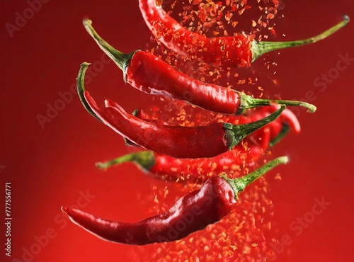 Red hot chili peppers falling from above isolated on red background