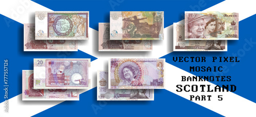 Vector set of pixel mosaic banknotes of Scotland. Collection of notes in denominations of 10 and 20 pounds. Obverse and reverse. Play money or flyers. Part 5