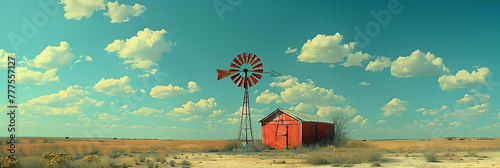 A vintage windmill amidst Texan aridity,
Minimalist landscape with alone tree and house photo