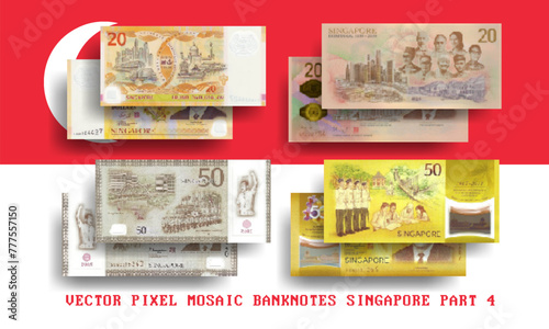 Vector set of pixel mosaic banknotes of Singapore. Collection of notes in denominations of 20 and 50 dollars. Obverse and reverse. Play money or flyers. Part 4