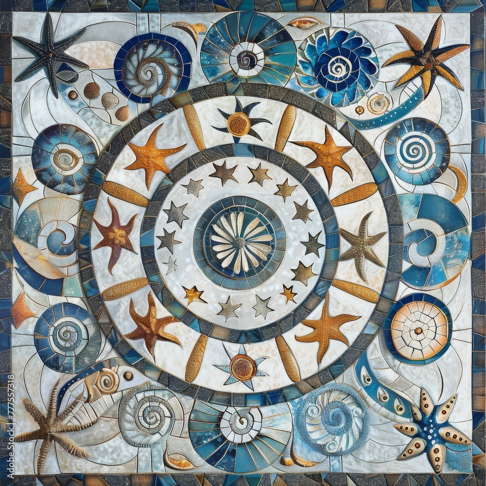 pattern showcasing the treasures of the sea. Include intricate illustrations of antique compasses, ship wheels, anchors, and maps, adorned with intricate nautical motifs like ropes, knots, and compass