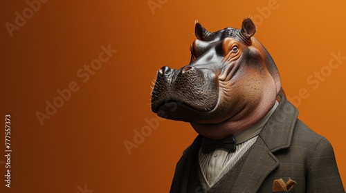 A hippo wearing a suit and tie with an orange background  AI