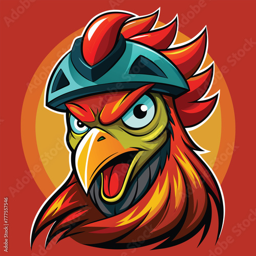 Fierce looking rooster wearing bicycle helmet.