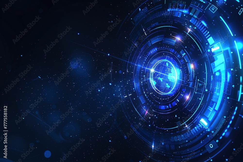 A dynamic vector illustration depicting a powerful light beam emanating from the center of a dark blue canvas, illuminating a constellation of futuristic, digital circles.
