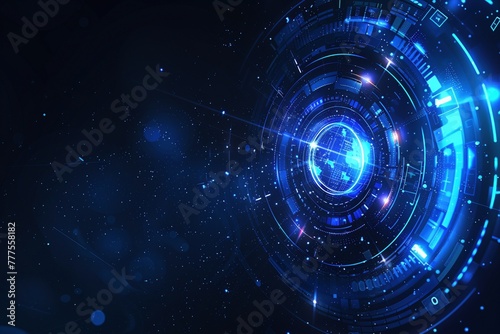 A dynamic vector illustration depicting a powerful light beam emanating from the center of a dark blue canvas, illuminating a constellation of futuristic, digital circles.