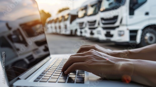 Close-up of hands typing on a laptop outdoors with trucks in the background photo