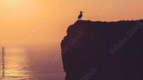 Solitary Albatross perched atop a weathered cliff, its silhouette stark against the soft hues of a coastal sunrise, offering ample copy space