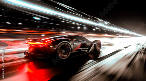 Futuristic sport car driving speedily with light reflections in the dark.