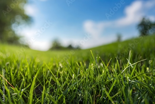 green grass and blue sky ,Grass Close Up Lush Green A Natural Background , versatile artificial green grass, beautiful scene of blur sky below greenery