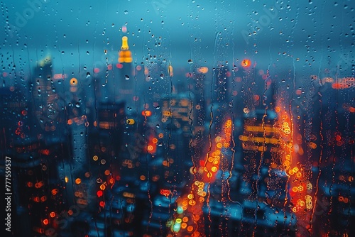 Raindrops on Window with Abstract Cityscape Reflection The blurring effect of rain on glass merges with city contours