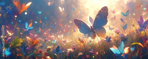 A field of colorful butterflies in a fantasy, magical realism