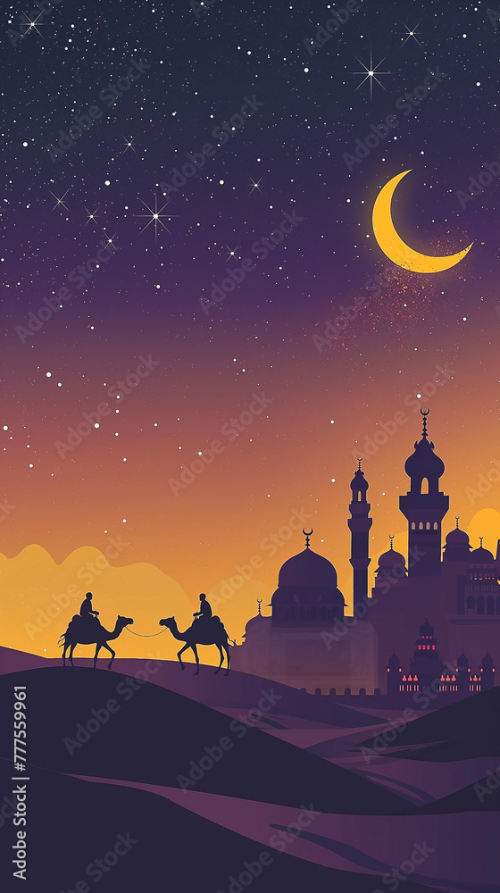 People on camels under moon, a night sky with stars, a mosque silhouette in the background People on camels under moon, a night sky with stars, a mosque silhouette in the background