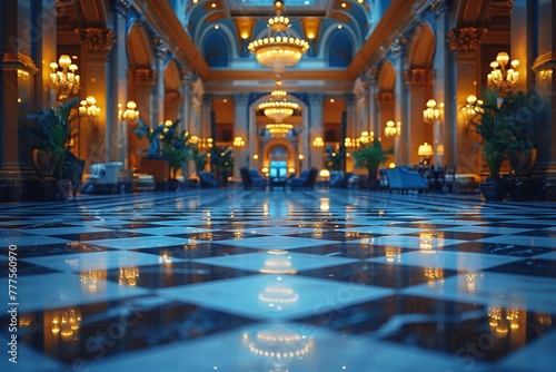 Grand Hotel Lobby with Soft Focus on Elegance and Guests