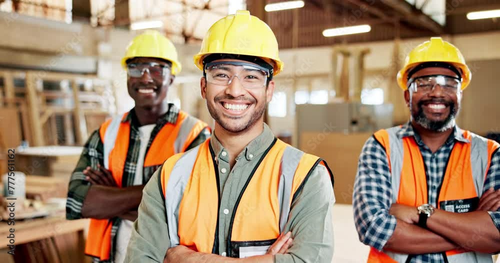 Face, leadership and carpenter team in workshop, men with arms crossed for trade and confidence in workplace. Pride, carpentry and professional service, artisan and partnership at factory in portrait Face, leadership and carpenter team in workshop, men with arms crossed for trade and confidence in workplace. Pride, carpentry and professional service, artisan and partnership at factory in portrait