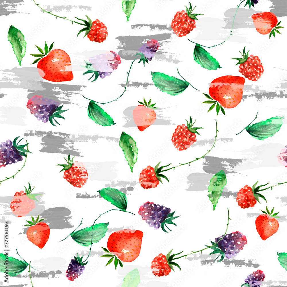 Vintage seamless watercolor pattern. Berry set - raspberries, blackberries, Strawberry, wild strawberries, green leaves, branches. Graphic background, trendy line design. Botanical illustration. 