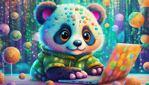 oil painting style multicolored close up of baby panda cartoon character hacker © stefanelo