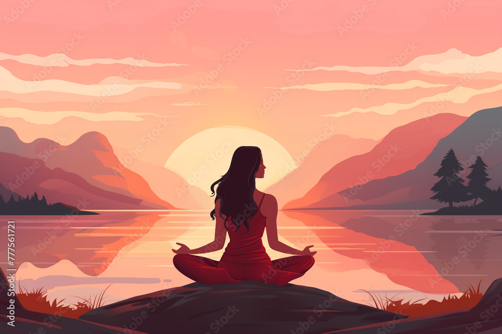 A woman sitting in a lotus position in front of a lake for yoga A woman sitting in a lotus position in front of a lake for yoga