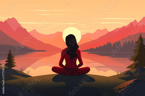 A woman sitting in a lotus position in front of a lake for yoga